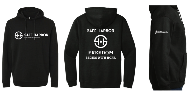 Safe Harbor hoodie front, back, and side views
